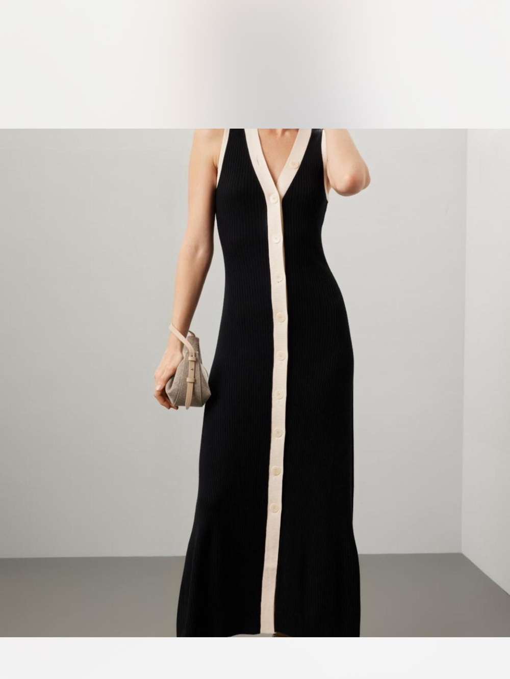 Sandro Black Sleeveless Ribbed Maxi Dress with Cream Button Trim